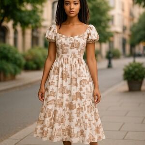 Abercrombie & Fitch XS Toile Print Puff‎ Sleeve Fit & Flare Dress Cottagecore